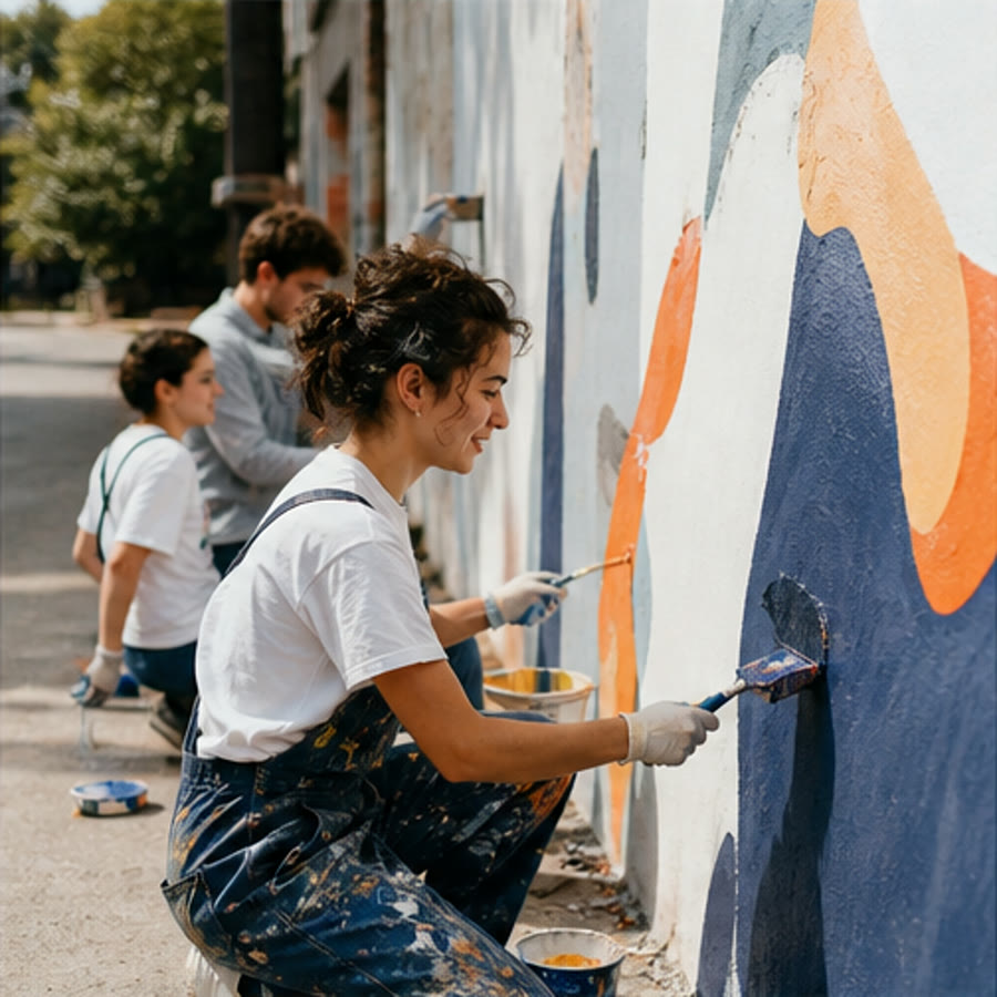 Young volunteers painting a community mural