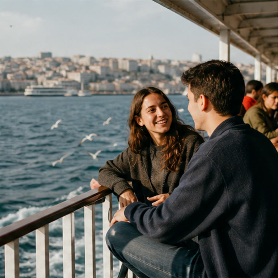 Young people talking together on an İstanbul ferry